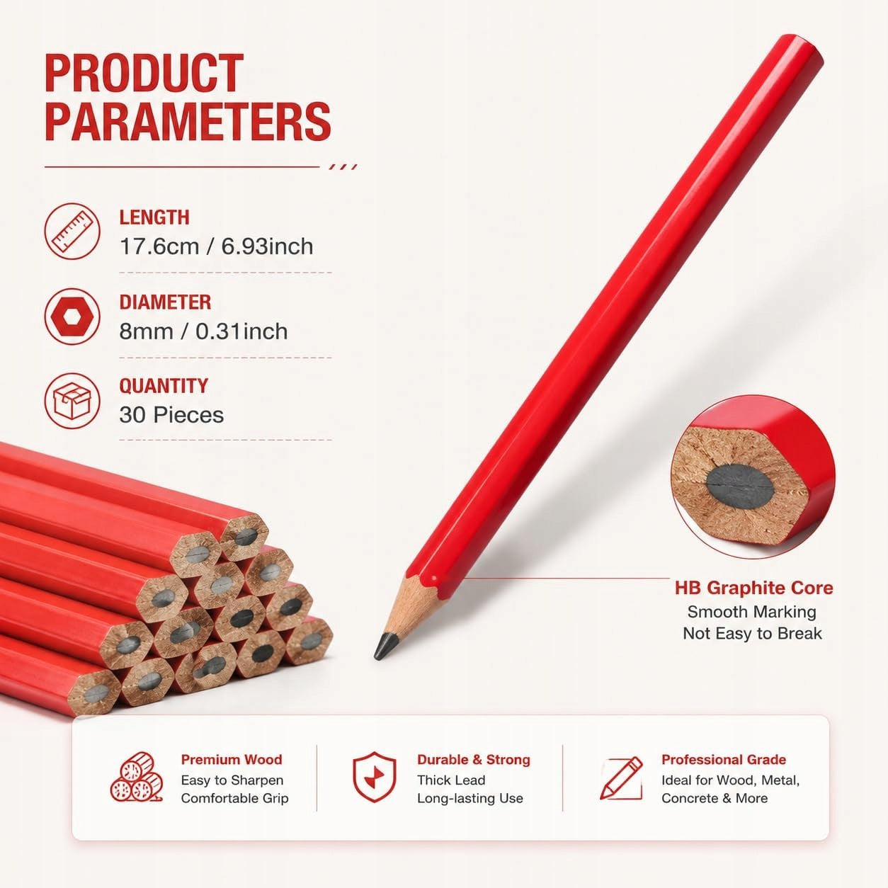 CARPENTER PENCILS 30 PIECES HB 176MM WOODEN MASONRY CONSTRUCTION Brand no brand