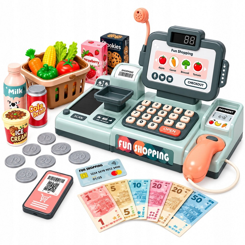 CASH REGISTER 25 ele BASKET SCANNER CARD PRODUCTS SHOP TAPE SOUNDS