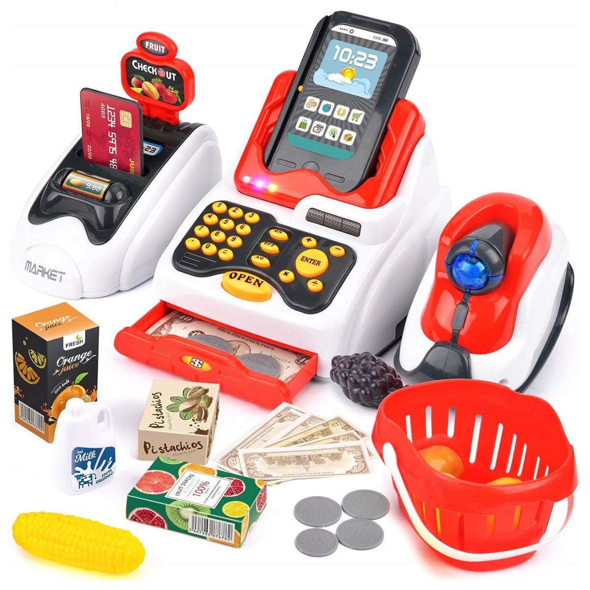 CASH REGISTER FOR CHILDREN SHOP SCANNER BASKET VEGETABLES BANKNOTES + ACCESSORIES EAN (GTIN) 5906708100743