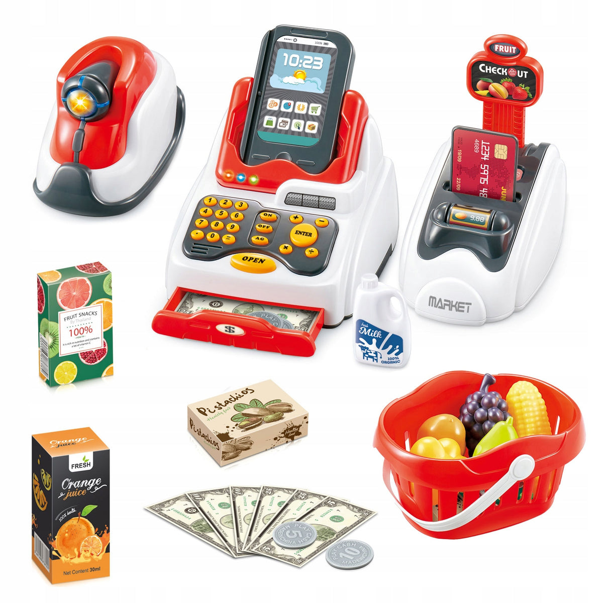 CASH REGISTER FOR CHILDREN SHOP SCANNER BASKET VEGETABLES BANKNOTES + ACCESSORIES