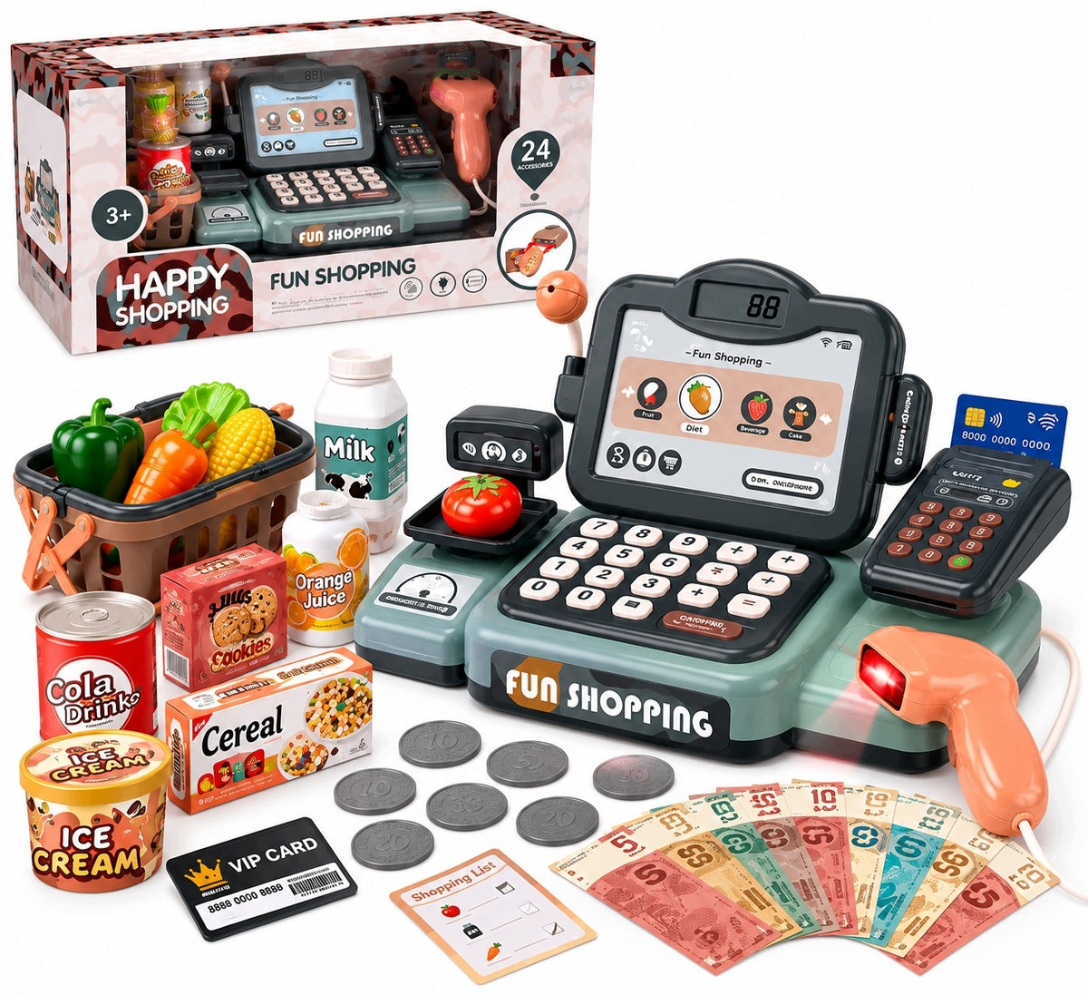 CASH REGISTER FOR CHILDREN SHOP SCANNER TERMINAL LIGHT SOUNDS 24 EL Packaging status original