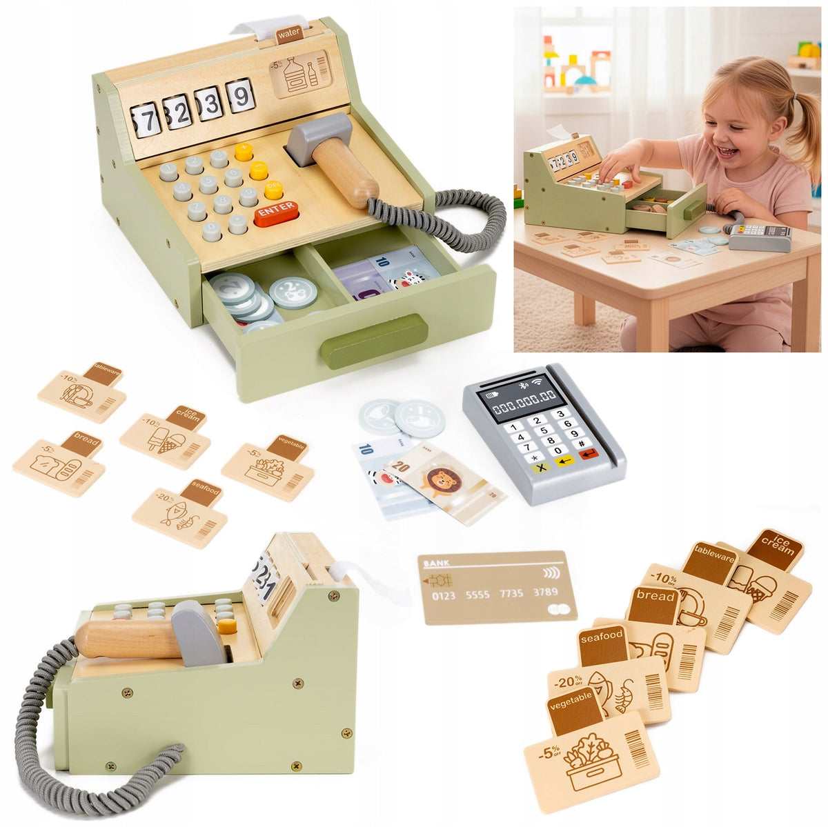 CASH REGISTER FOR CHILDREN TOY WOODEN SCANNER ACCESSORIES