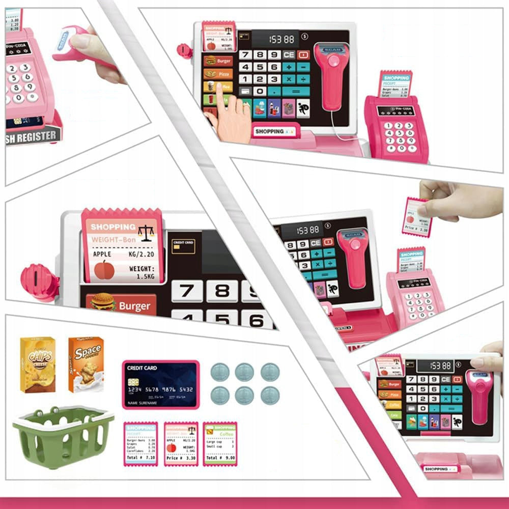 CASH REGISTER SHOP FOR CHILDREN ACCESSORIES BASKET SCALE SCANNER BANKNOTES LCD Packaging status original