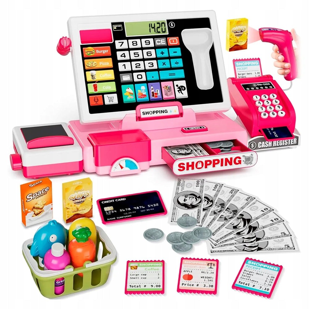 CASH REGISTER SHOP FOR CHILDREN ACCESSORIES BASKET SCALE SCANNER BANKNOTES LCD