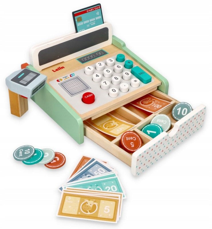 CASH REGISTER WOODEN LELIN 3+ BANKNOTES SCANNER INTERACTIVE FUN SHOP