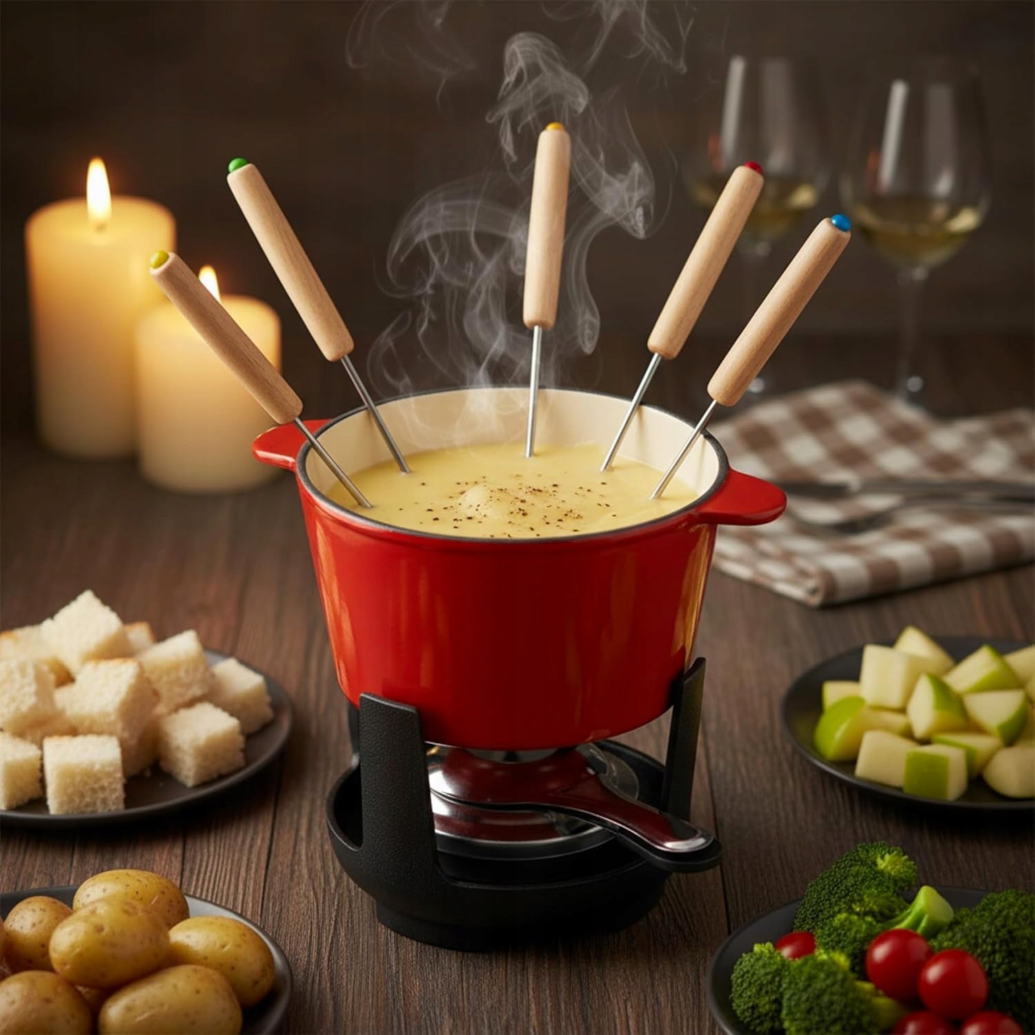 CAST IRON FONDUE SET FOR 6 PEOPLE ENAMELED RED CREAM FORKS EAN (GTIN) 081227586829