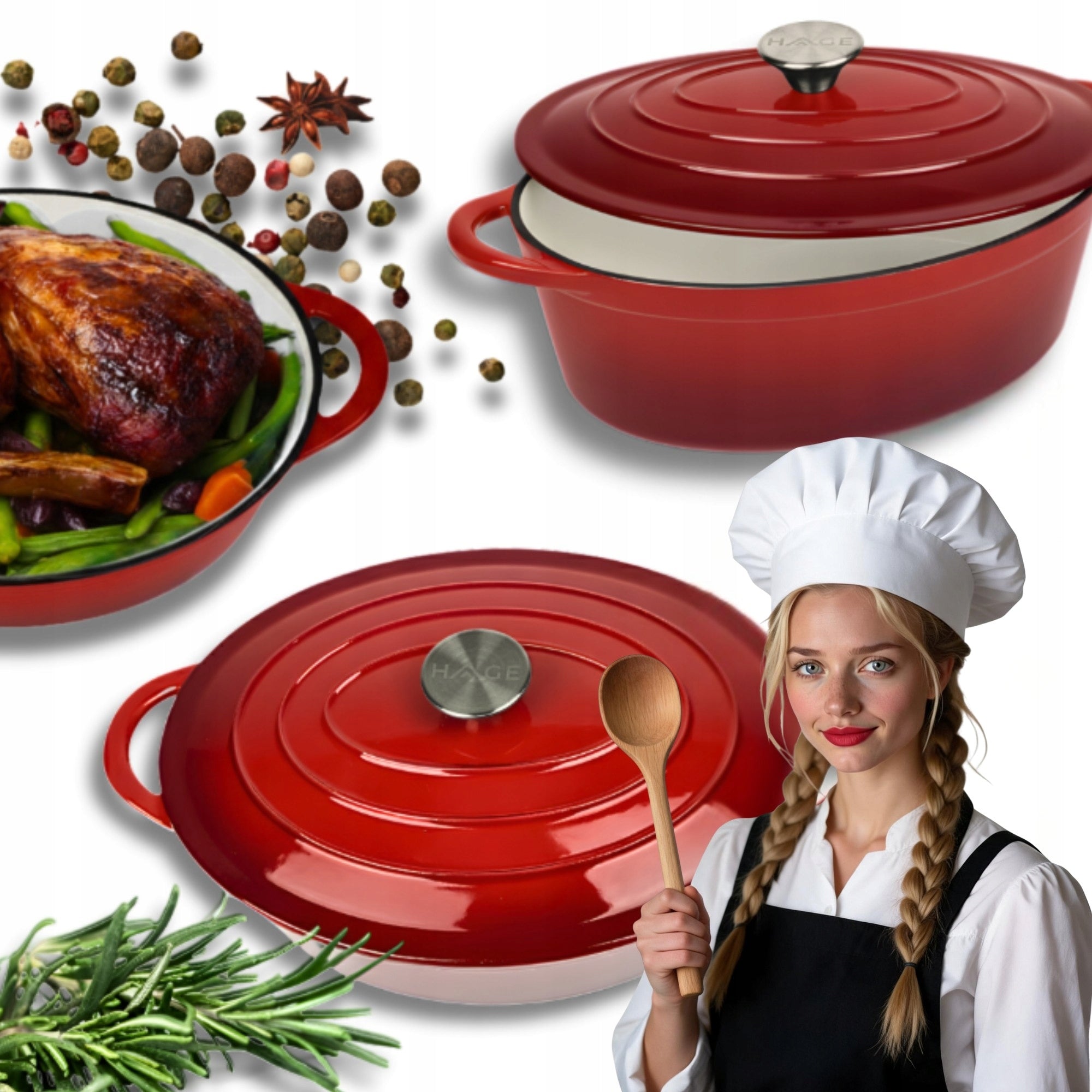 CAST IRON Geese Enamel HAGE 6L Red Gas Induction Oven Packaging status original