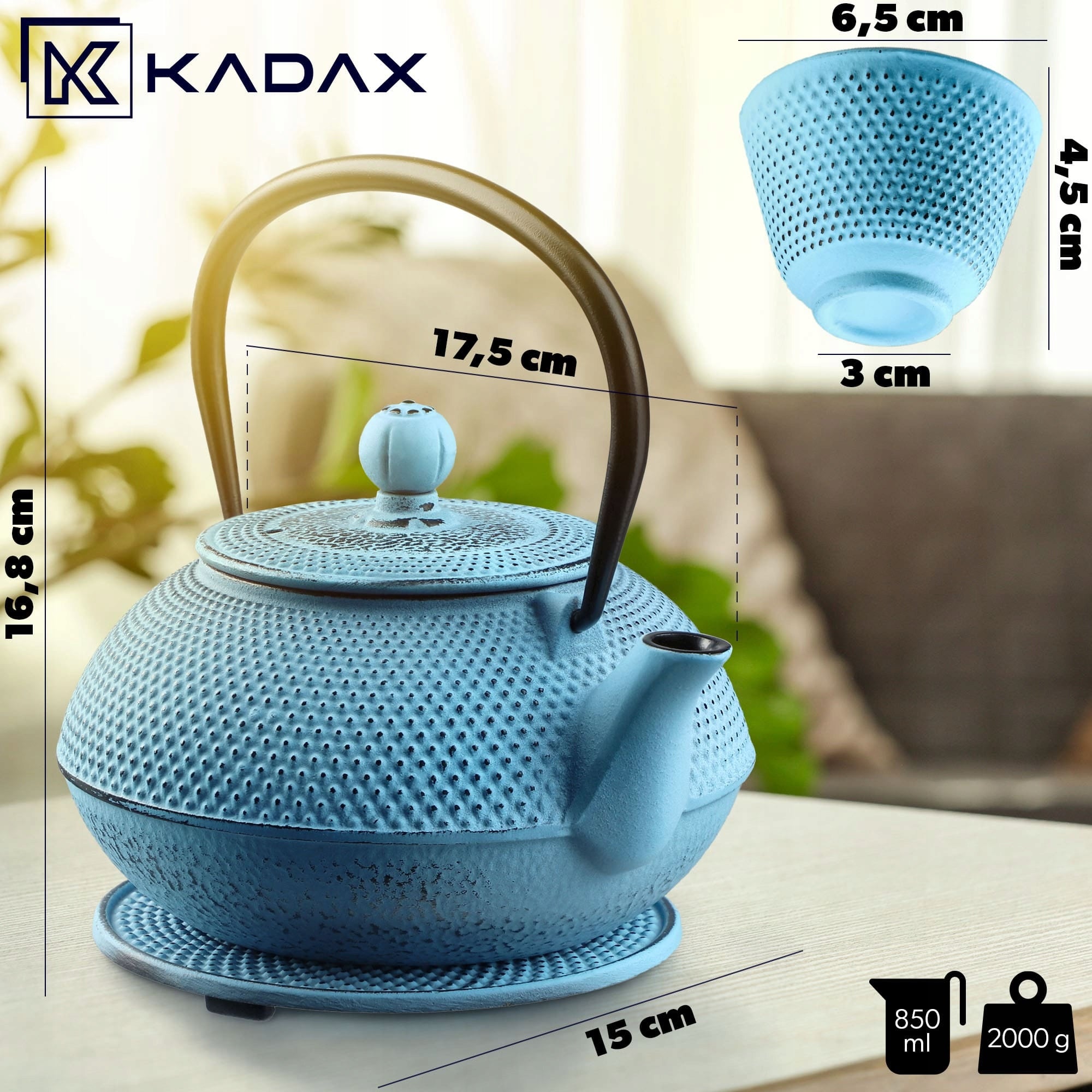 CAST IRON KETTLE ENAMELED TEA INFUSER 0,85L 2 TEAPOT BOWLS SET Brand Kadax