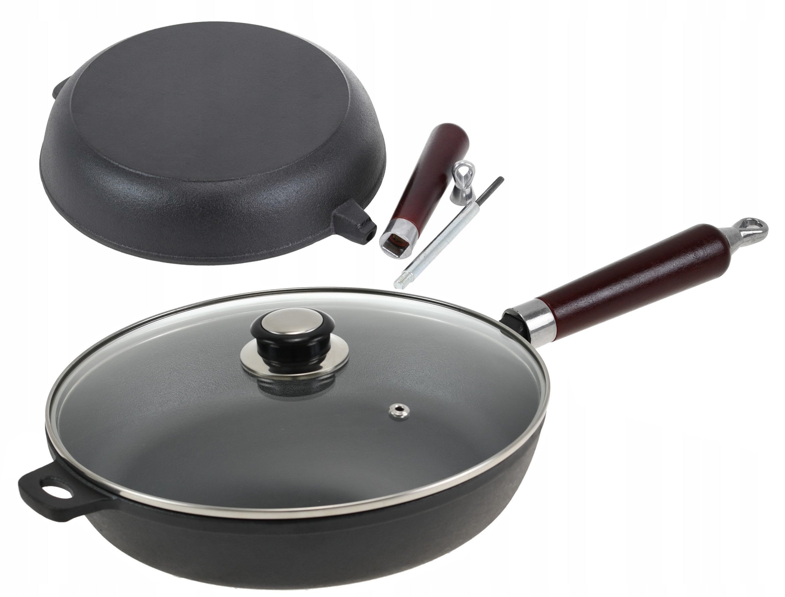 CAST IRON PAN 30 cm Heavy Duty with Lid Unscrewable Handle INDUCTION GAS