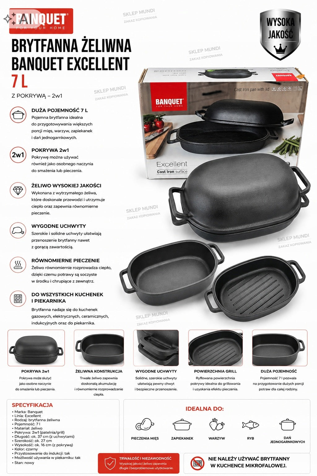 CAST IRON PAN BANQUET EXCELLENT 7 L WITH LID 2IN1