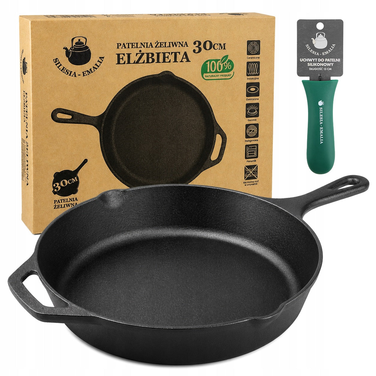 CAST IRON PAN TRADITIONAL 30CM INDUCTION GAS OVEN SILICONE HOLDER