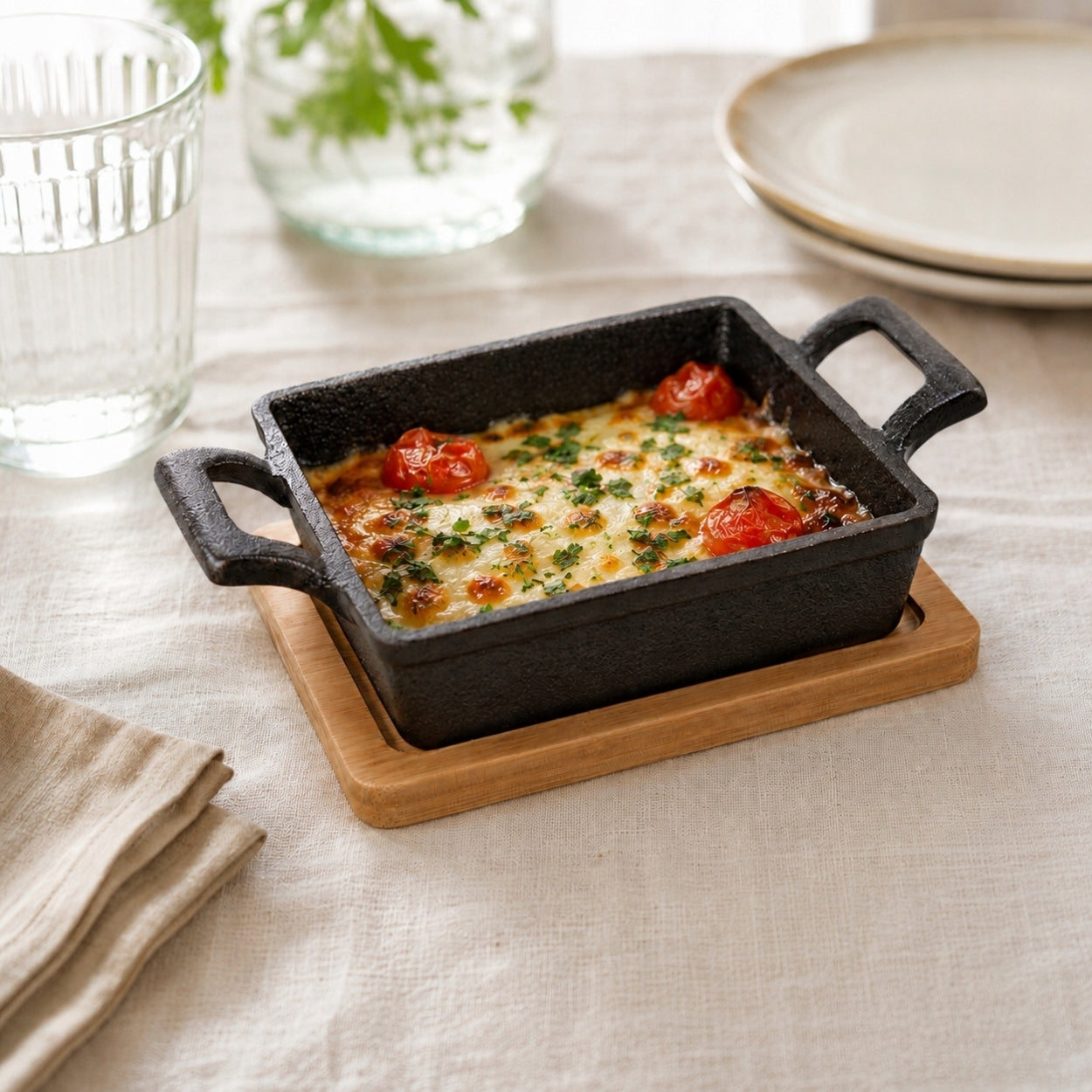 CAST IRON PAN WITH BAMBOO TRAY 14x19,5 cm small casserole dish Brand Kinvara