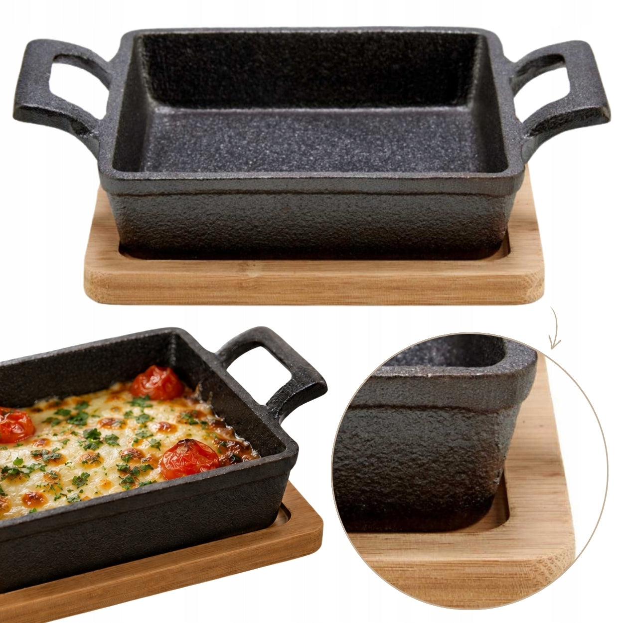 CAST IRON PAN WITH BAMBOO TRAY 14x19,5 cm small casserole dish