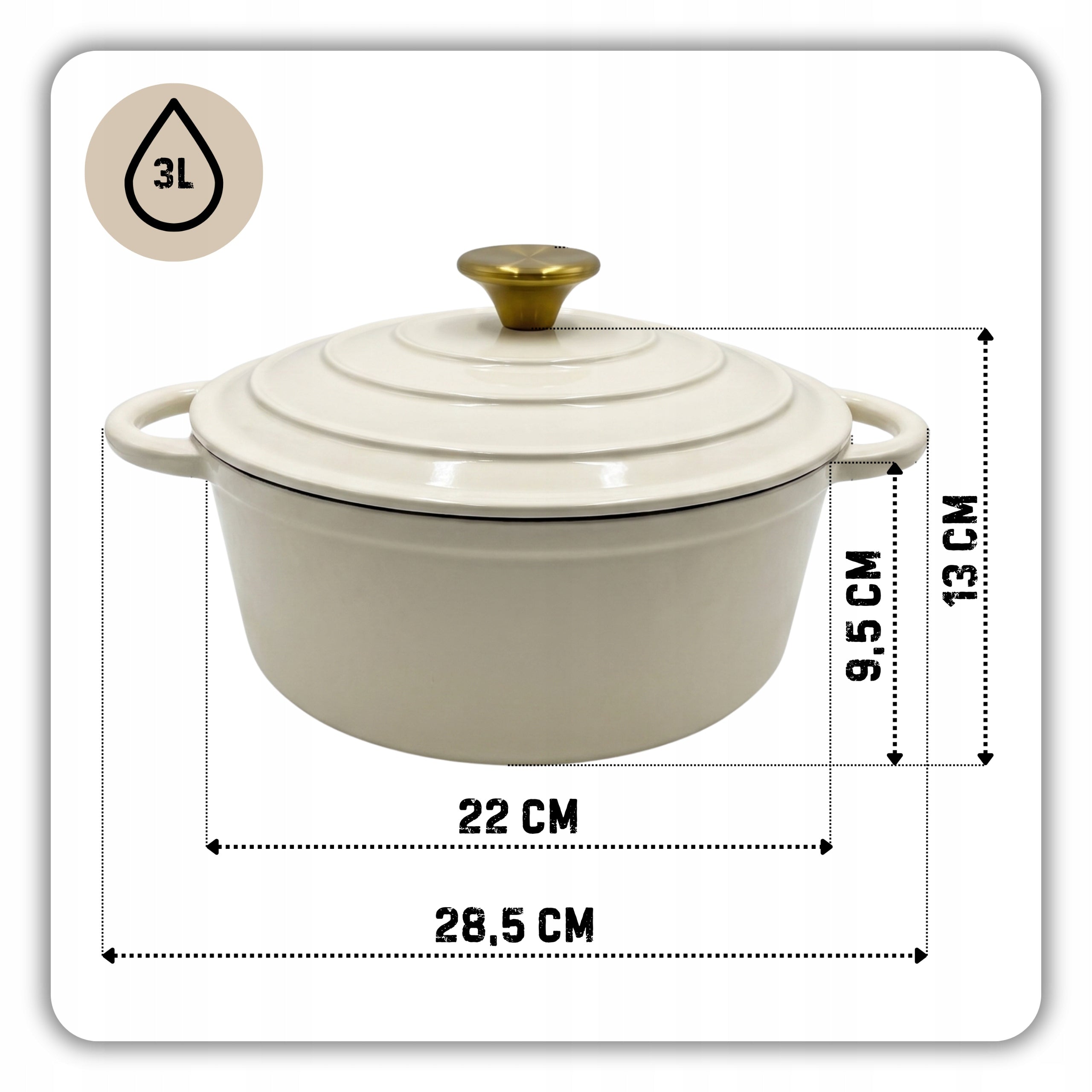 CAST IRON POT 3L ENAMELLED WITH LID CREAM INDUCTION OVEN 22CM Packaging status original