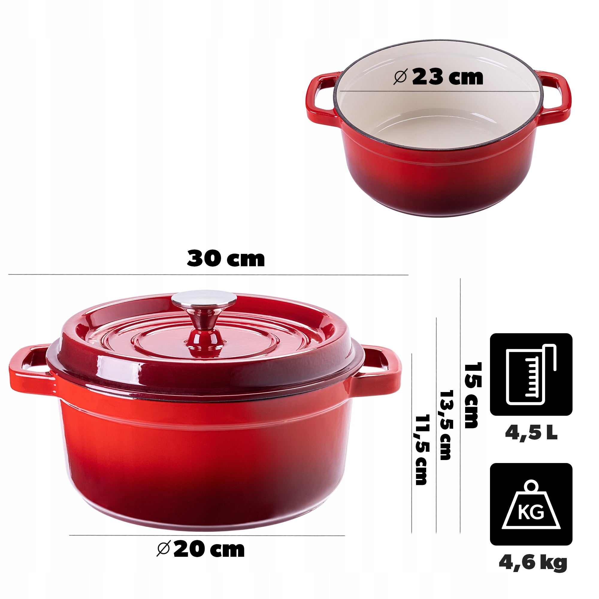 CAST IRON POT 4,5 L ENAMELLED WITH LID INDUCTION GAS OVEN LARGE 23 cm Manufacturer code K15865