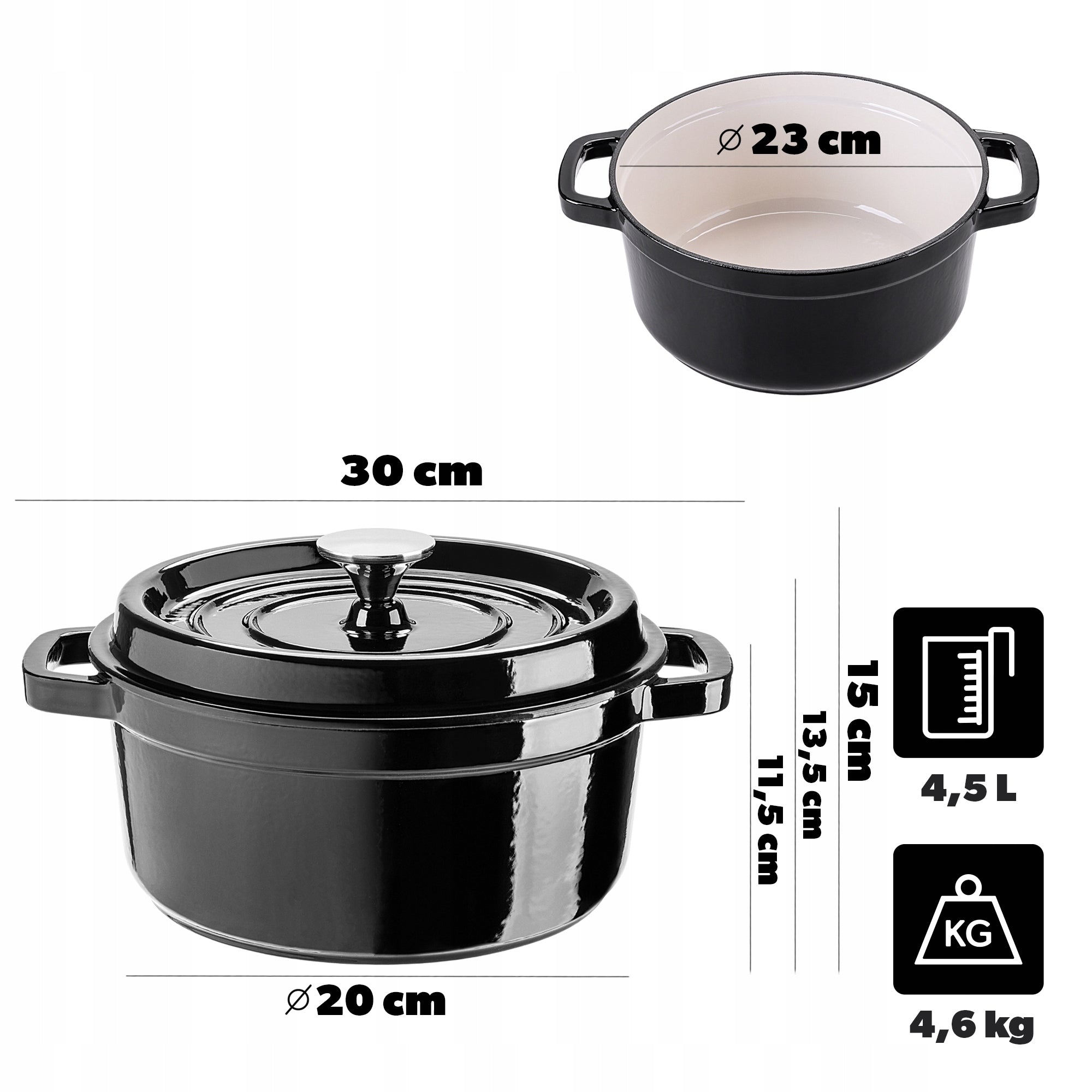 CAST IRON POT 4,5L ENAMELLED WITH LID INDUCTION GAS OVEN BLACK 23cm Manufacturer code K15864
