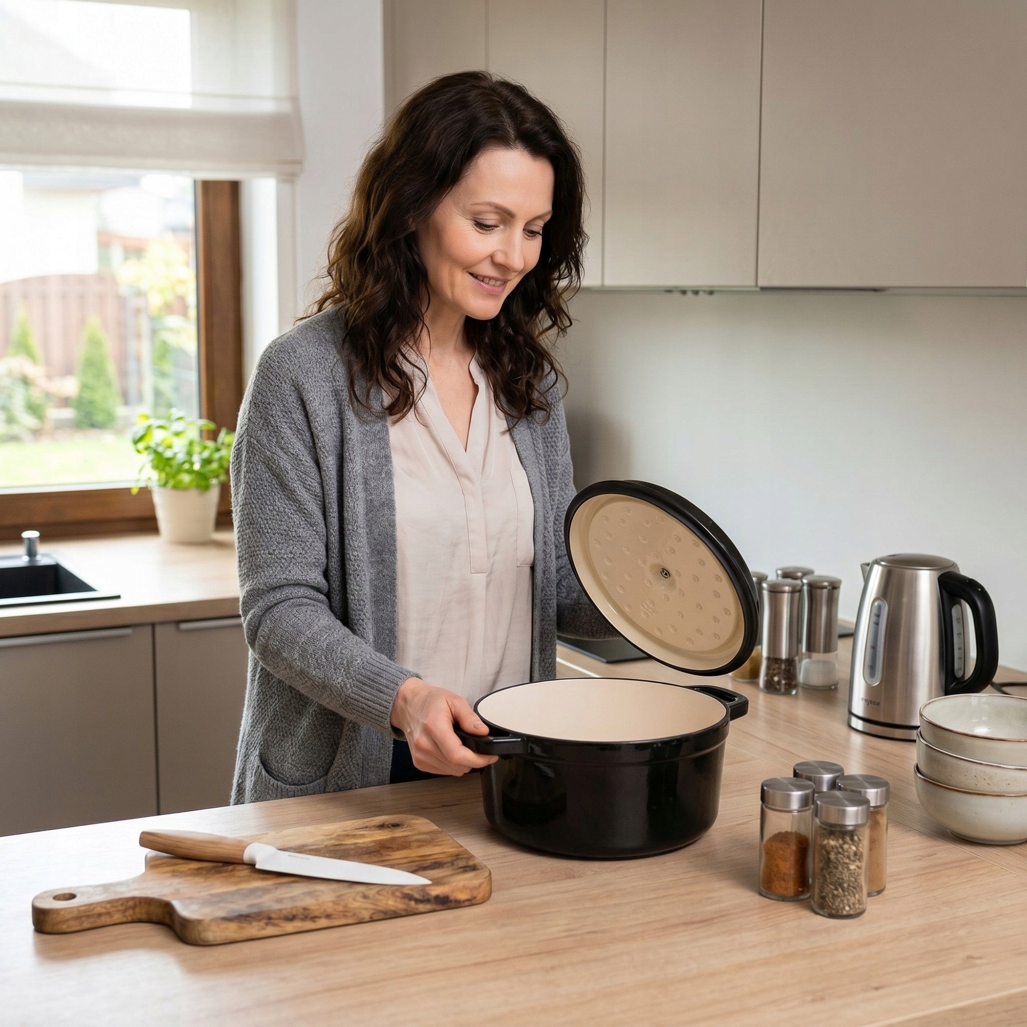 CAST IRON POT 4,5L ENAMELLED WITH LID INDUCTION GAS OVEN BLACK 23cm Packaging status original