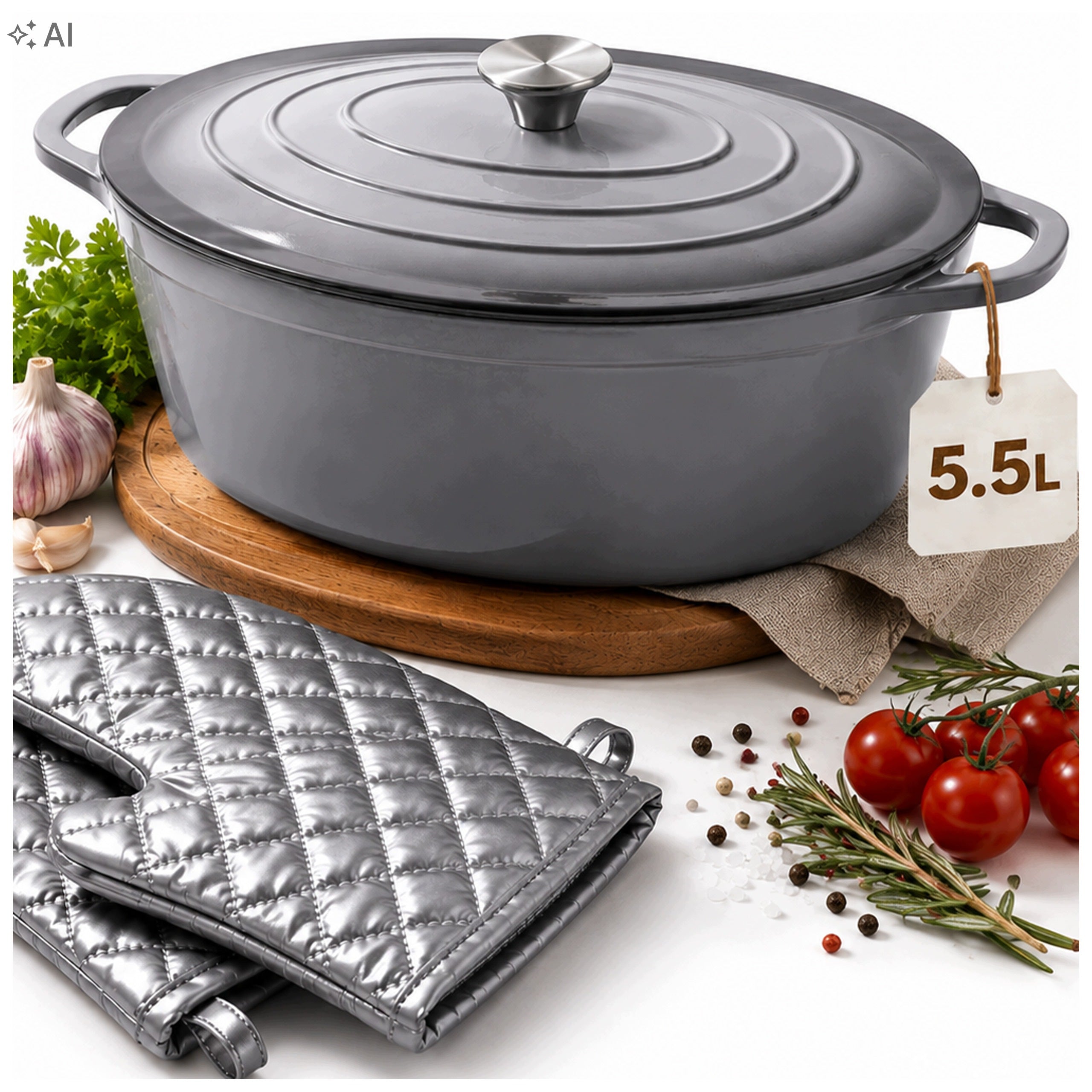 CAST IRON POT ENAMELLED PAN GOOSEBERRY INDUCTION OVEN GLOVES Packaging status original