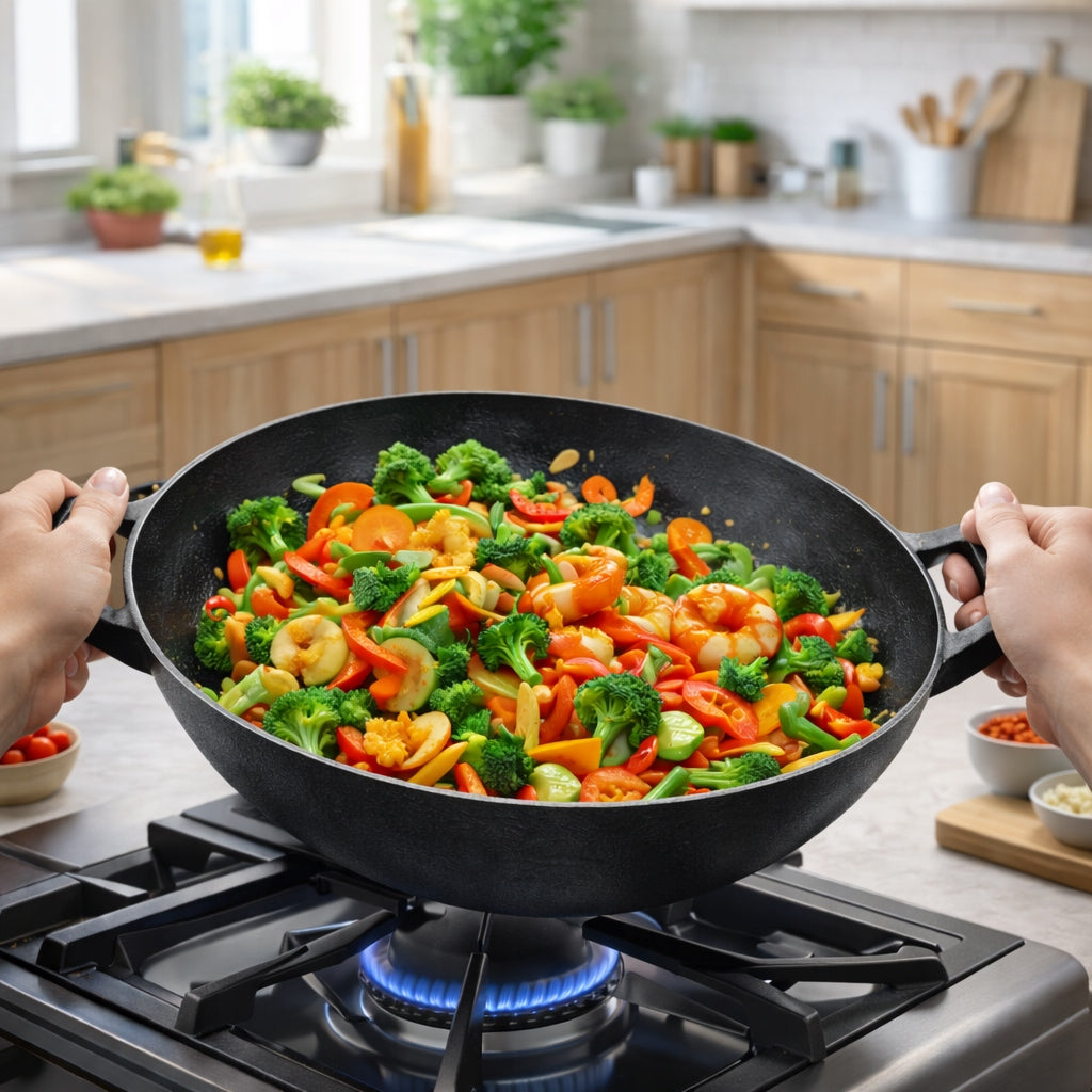 CAST IRON WOK 36CM FOR STOVE, INDUCTION AND FIREPLACE LARGE PAN SOLID WOK Packaging status original