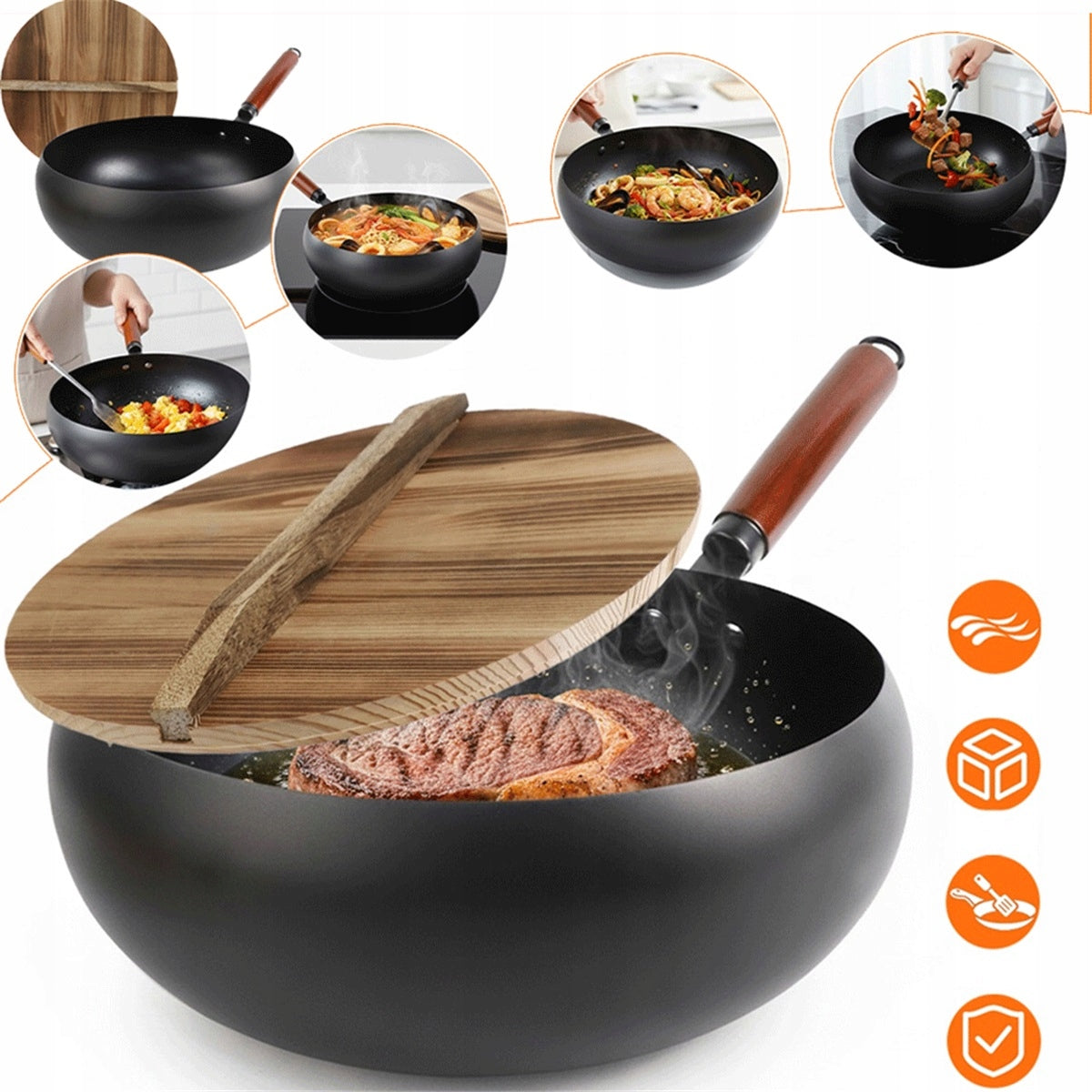 CAST IRON WOK PAN 28 CM WOODEN COVER INDUCTION CERAMIC COOKERS