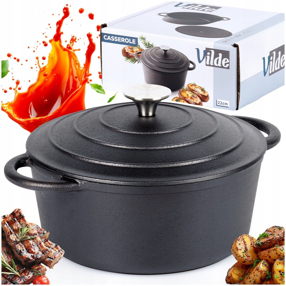 CAST IRON pot with lid cauldron pan round 22 cm 2,6L