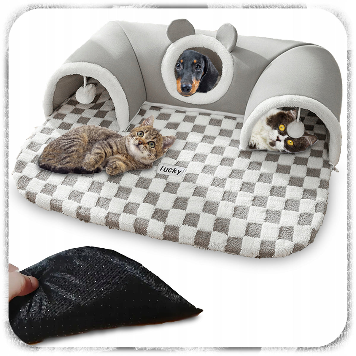 CAT BED WITH TUNNEL 2IN1 PLUSH CHESSBOARD GREY XXL 86x70x26 Packaging status original