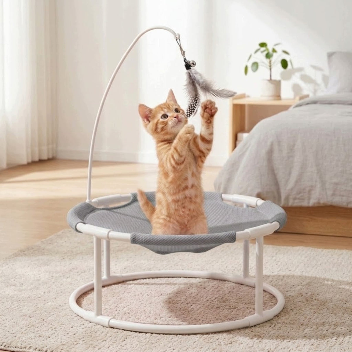 CAT HAMMOCK BED WITH FISHING ROD SLEEPING PLACE AND TOY 2IN1 LARGE 47CM Manufacturer code domek dla kota szary + wędka