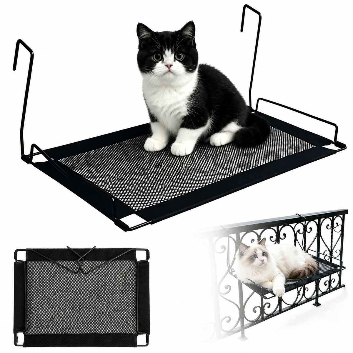 CAT HAMMOCK RAILING BED BLACK 45X30X25CM WITHOUT DRILLING