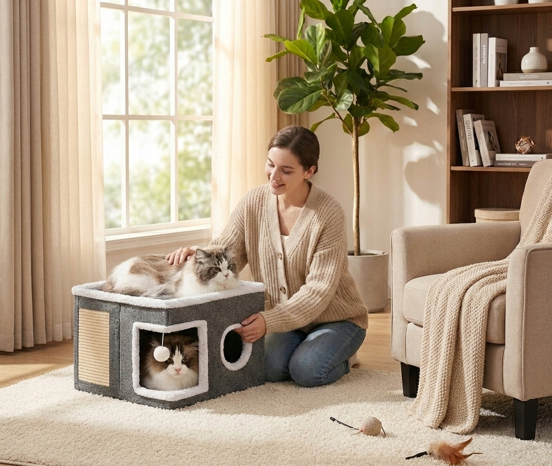 CAT HOUSE 2-LEVEL FOLDING BED BOOTH SCRATCHING POST GREY 42x42x35cm Manufacturer code DOMEK DLA KOTA 2-POZIOMOWY LEGOWISKO