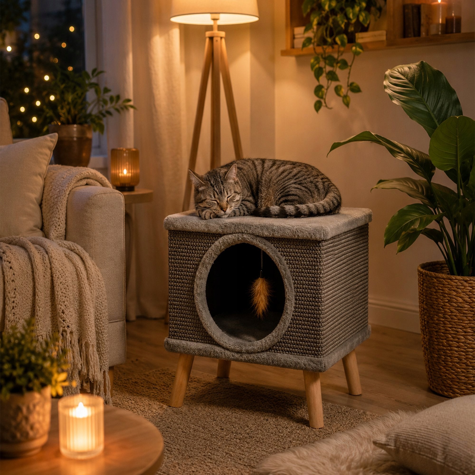 CAT HOUSE BED WITH SCRATCHING POST BOOTH LEGS TOY SCRATCHING POST 38x32x32CM Brand Przydasie.pl