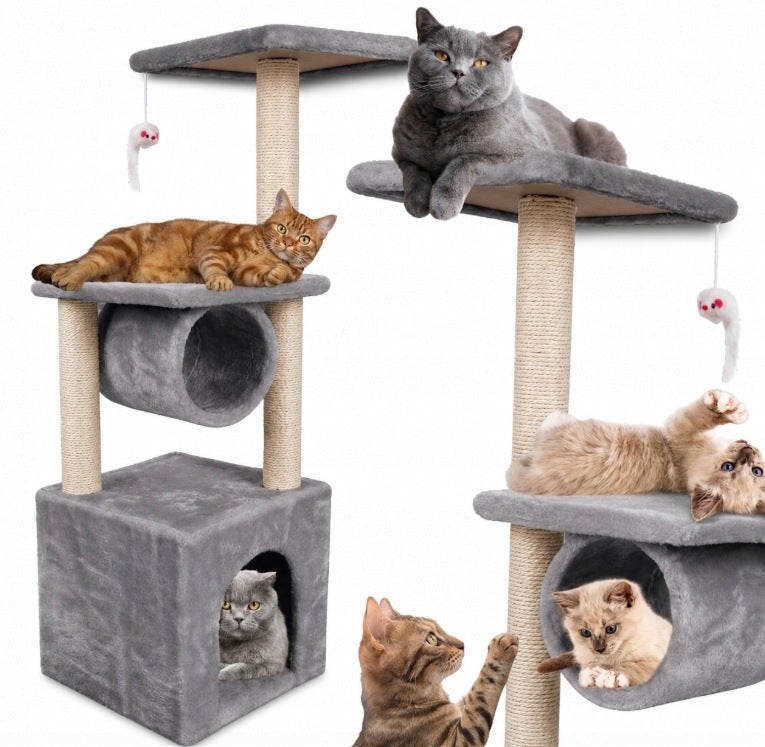 CAT SCRATCHER 93 CM GREY BED COTTAGE TOWER POST TUNNEL TOY