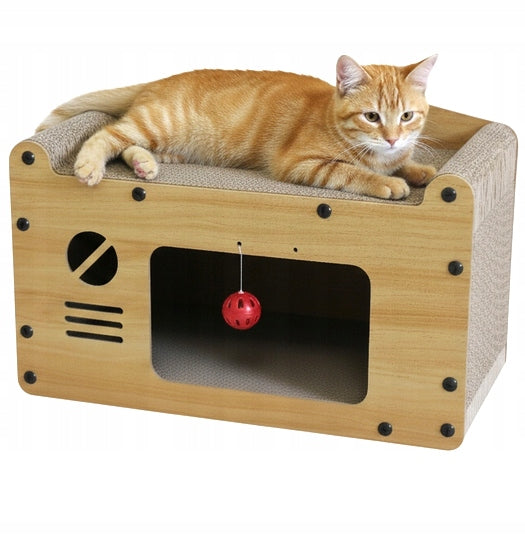 CAT SCRATCHER COTTAGE TV CARDBOARD MDF BED BOOTH WITH TOY COUCH