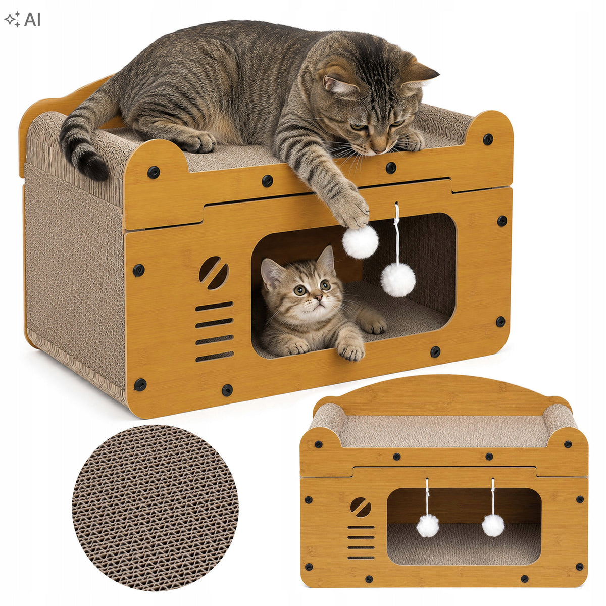 CAT SCRATCHER HOUSE CARDBOARD BOX CARDBOARD BEIGE BALLS TOY
