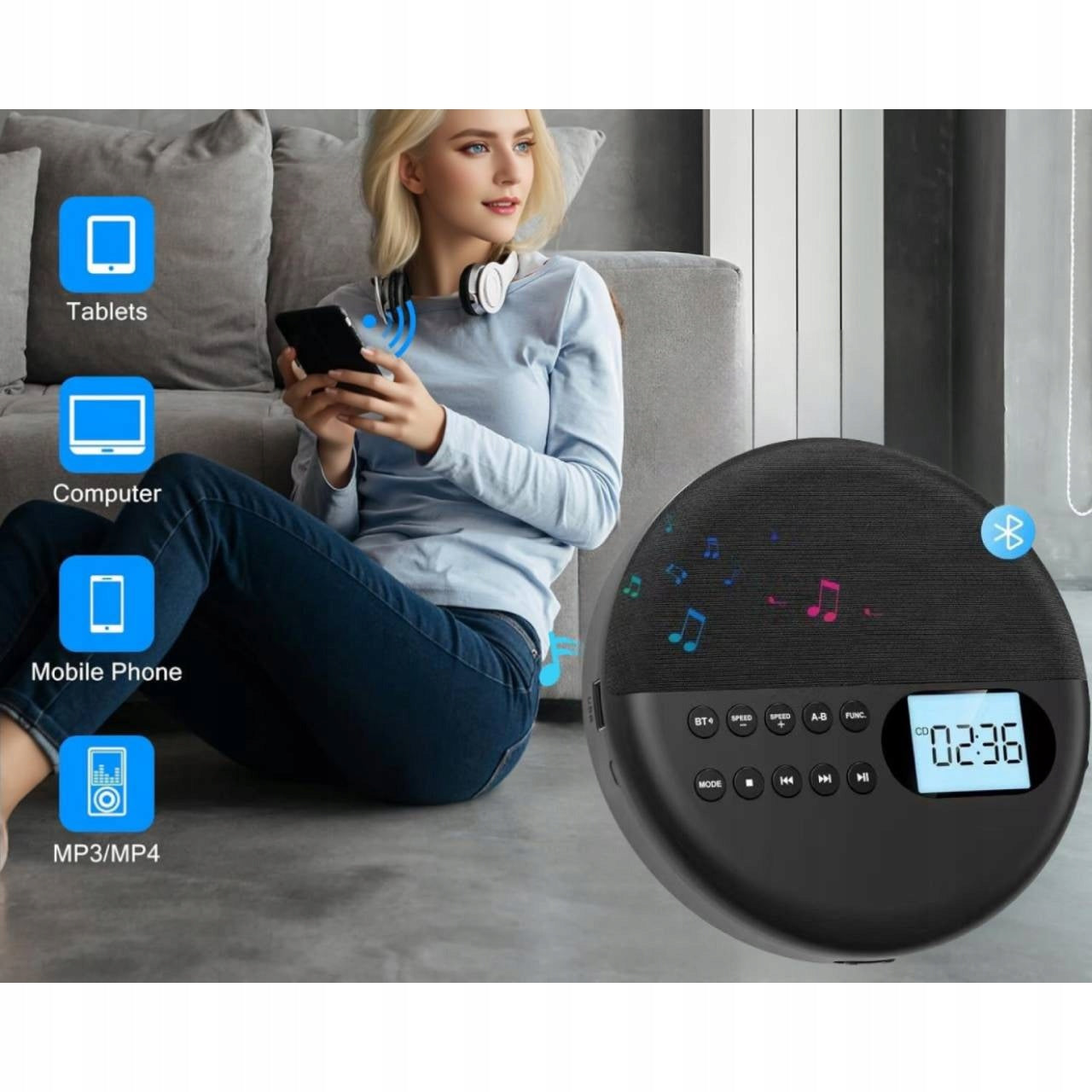 CD PLAYER PORTABLE MP3 FOR HOME AND CAR BLUETOOTH AUX + HEADPHONES Brand no brand