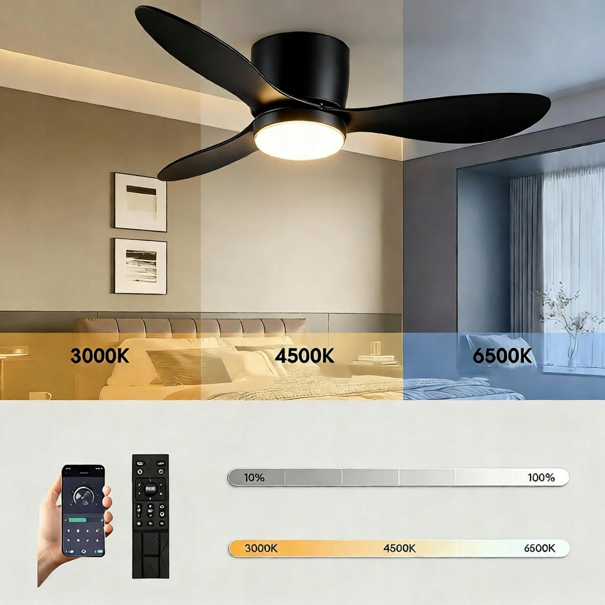 CEILING FAN AjieQaQ WITH REMOTE CONTROL APP LED LAMP WITH WINDMILL 106CM BLACK Manufacturer code WENTYLATOR SUFITOWY LED 3000K 4500K 6500K