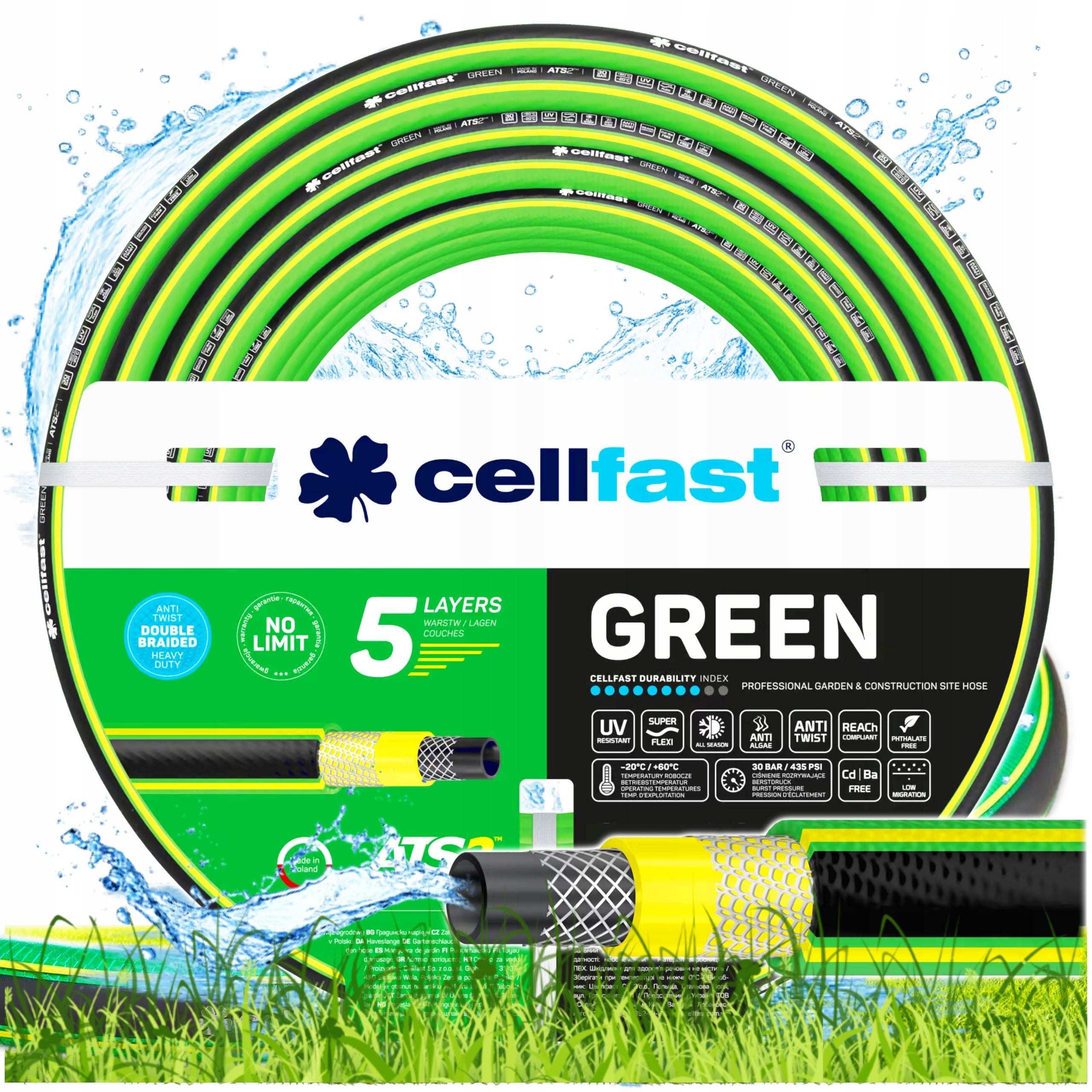 CELLFAST GARDEN HOSE 5-PLY 30 BAR 3/4" 25M ATS2 GREEN FOR WATER Polish