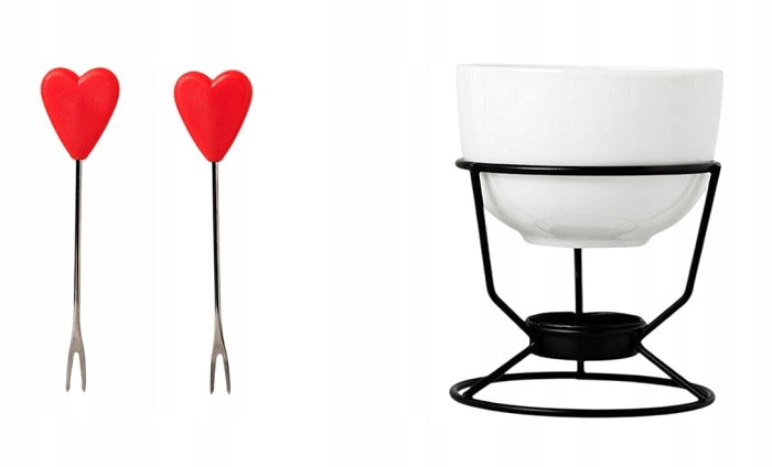CERAMIC CHOCOLATE FONDUE SET + 2 FORKS WITH HEARTS Packaging status original