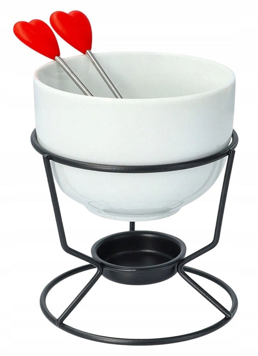 CERAMIC CHOCOLATE FONDUE SET + 2 FORKS WITH HEARTS