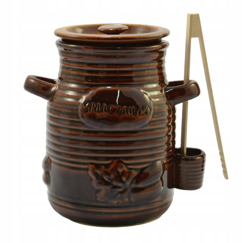 CERAMIC CONTAINER 3,5L FOR CUCUMBERS WITH WOODEN PLIERS BROWN STONEWARE