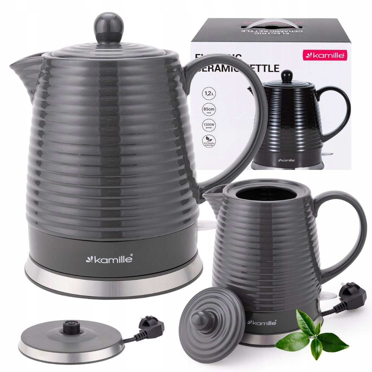 CERAMIC CORDLESS ELECTRIC KETTLE 1200 W 1,2 L GREY KAMILLE