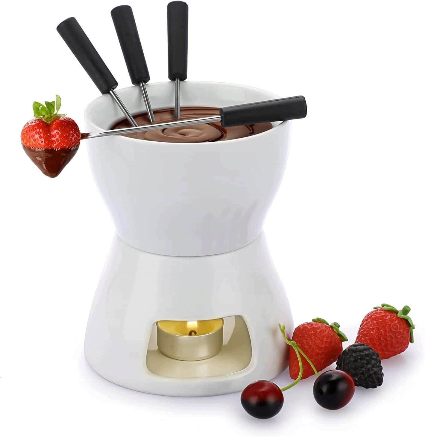 CERAMIC FONDUE CHOCOLATE CANDLE CUP 300ML FORK WHITE