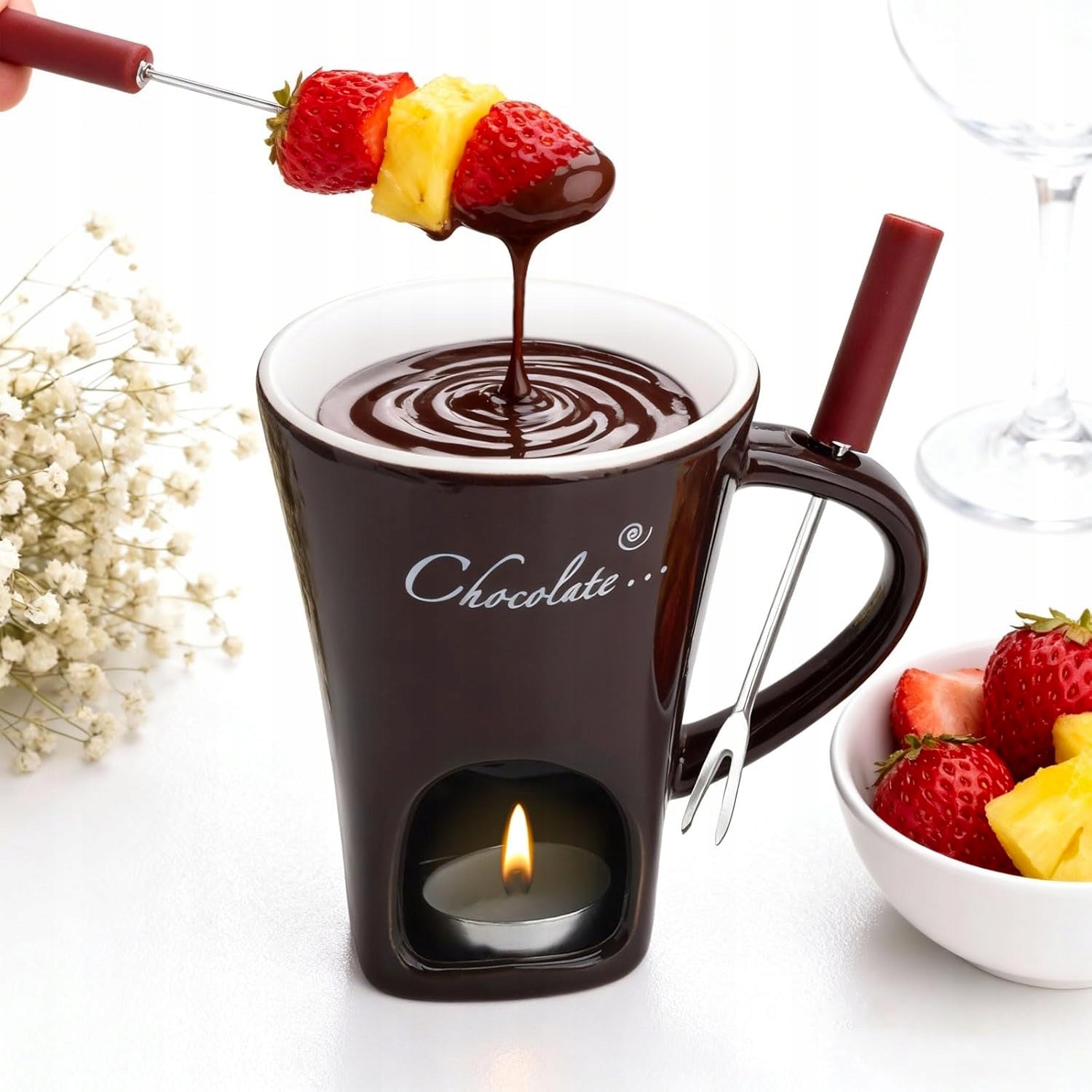 CERAMIC FONDUE CUP 130 ML WITH FORK AND TEALIGHT SET Customs tariff code 69111000