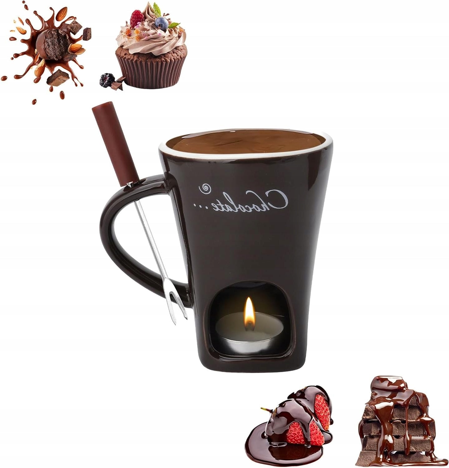 CERAMIC FONDUE CUP 130 ML WITH FORK AND TEALIGHT SET