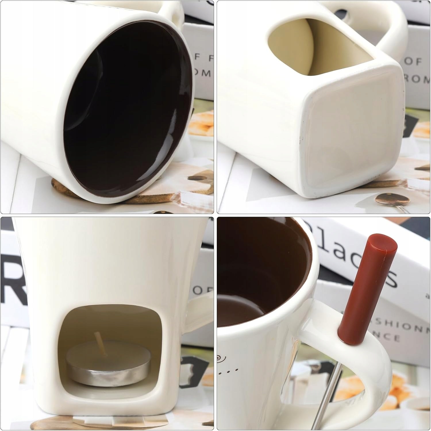 CERAMIC FONDUE CUP 130 ML WITH HANDLE AND FORKS Brand Premium