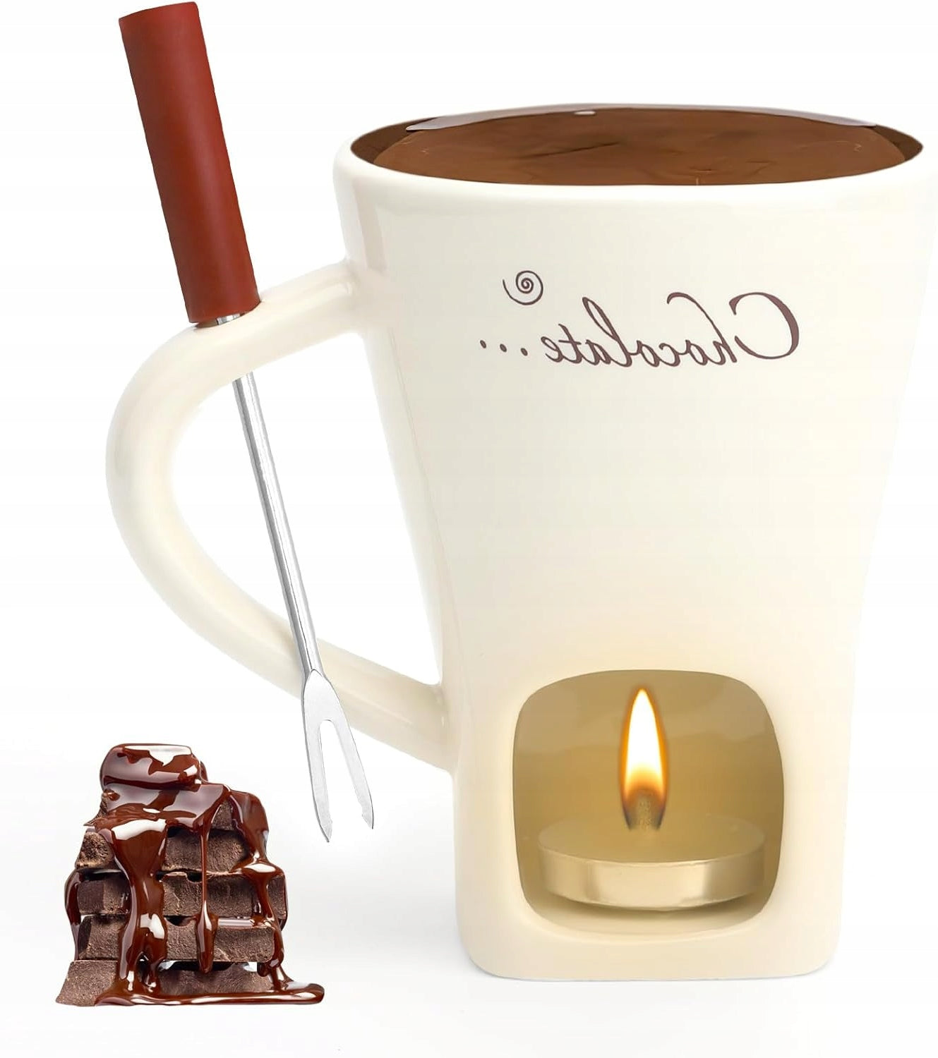 CERAMIC FONDUE CUP 130 ML WITH HANDLE AND FORKS