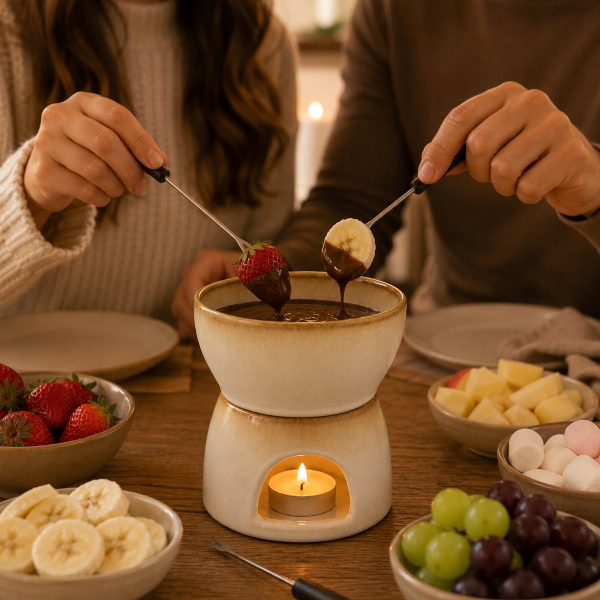 CERAMIC FONDUE SET FOR FRUIT CHOCOLATE BEIGE 450 ML Manufacturer code zestaw do foundue dla zakochanych