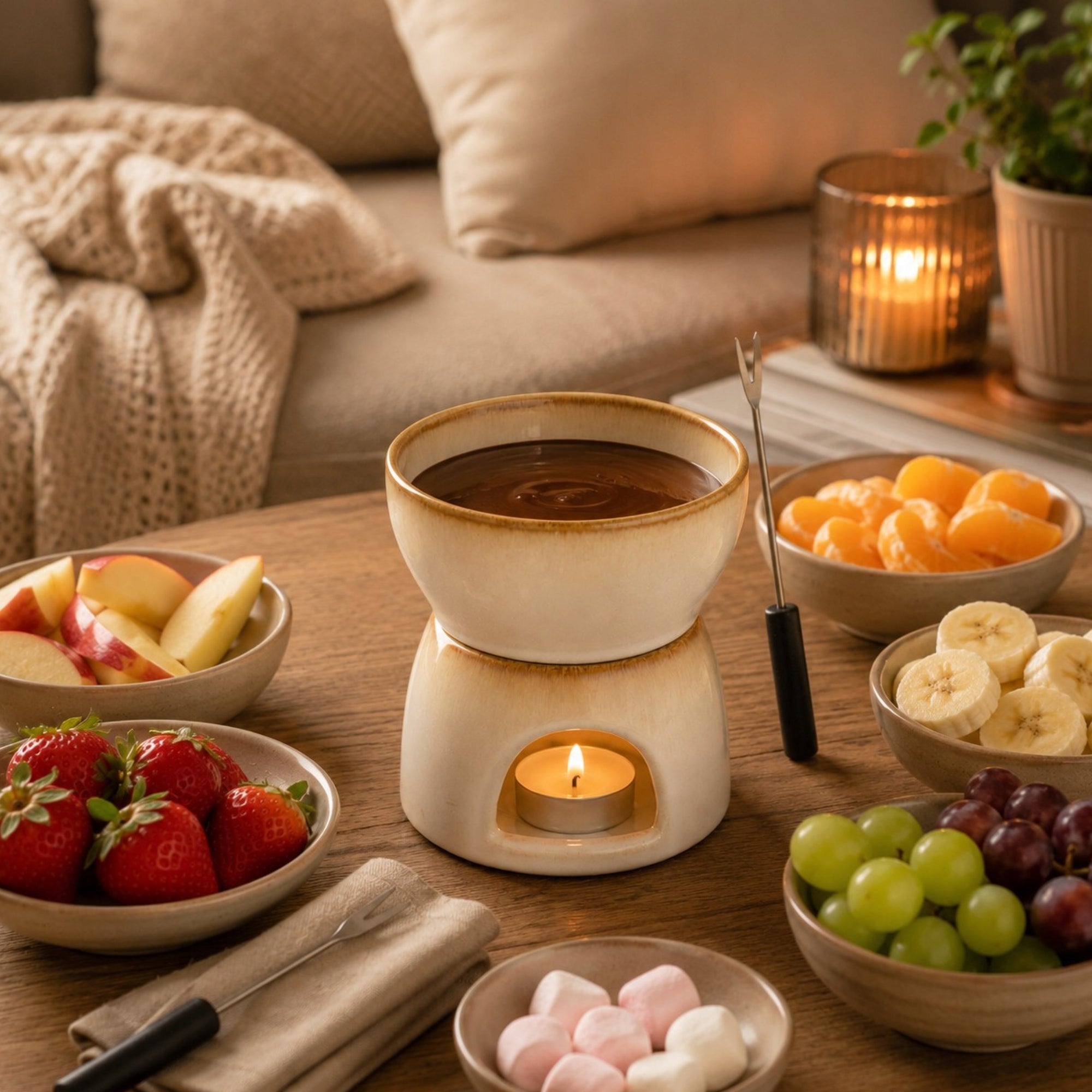 CERAMIC FONDUE SET FOR FRUIT CHOCOLATE BEIGE 450 ML Packaging status original