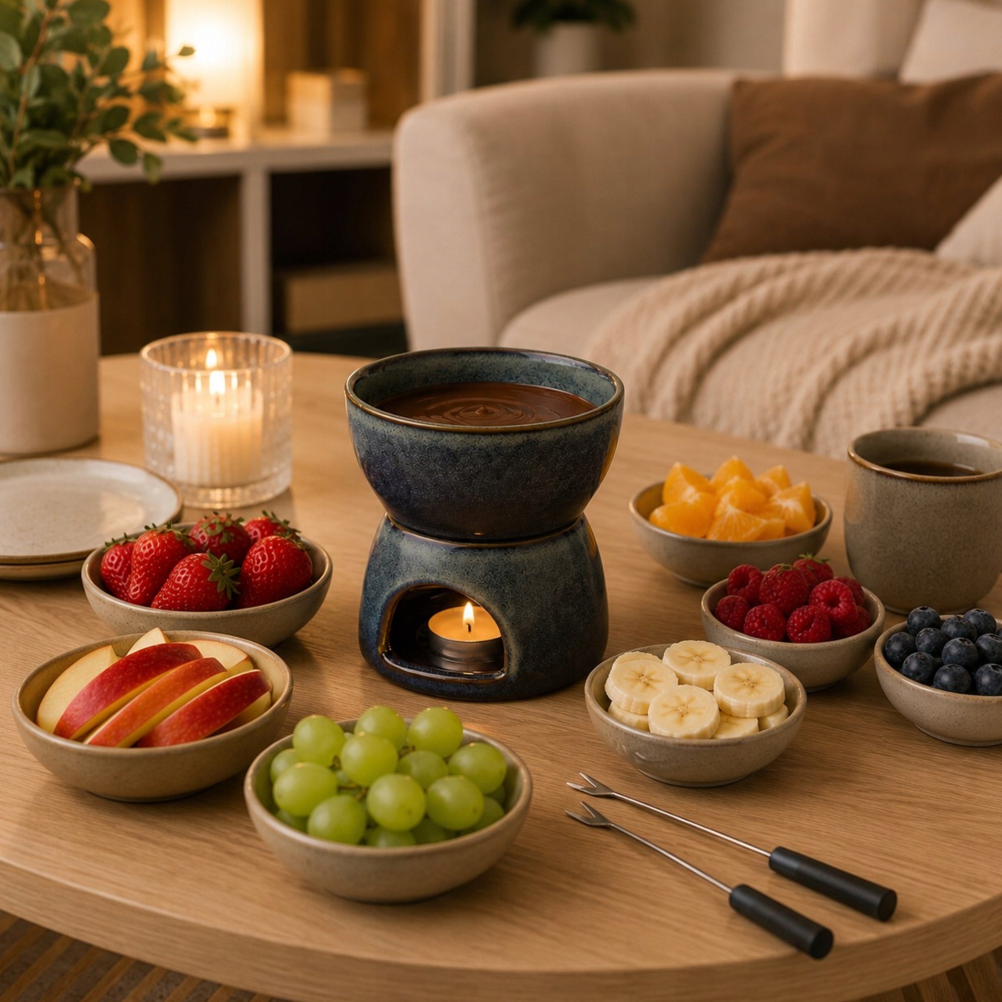 CERAMIC FONDUE SET FOR FRUIT CHOCOLATE BLUE 450 ML Packaging status original