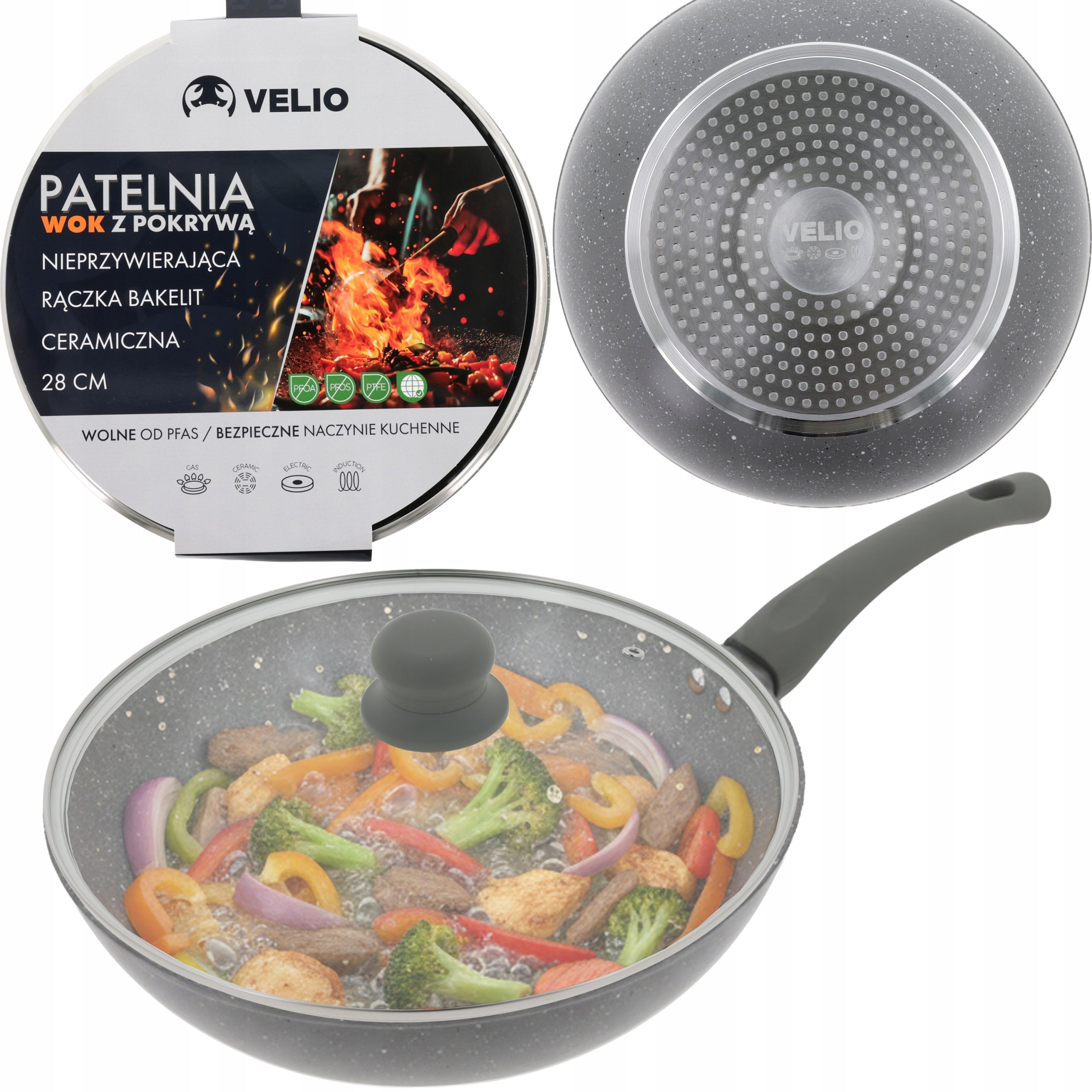 CERAMIC FRYING PAN WOK DEEP 28CM COVERS INDUCTION ELECTRIC GAS VELIO