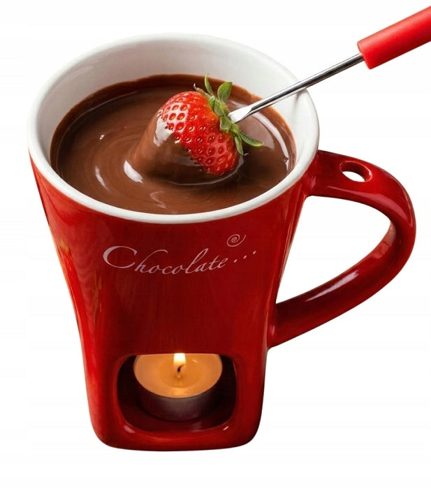 CERAMIC MUG WITH EAR FOR CHOCOLATE FONDUE + FORK Color white